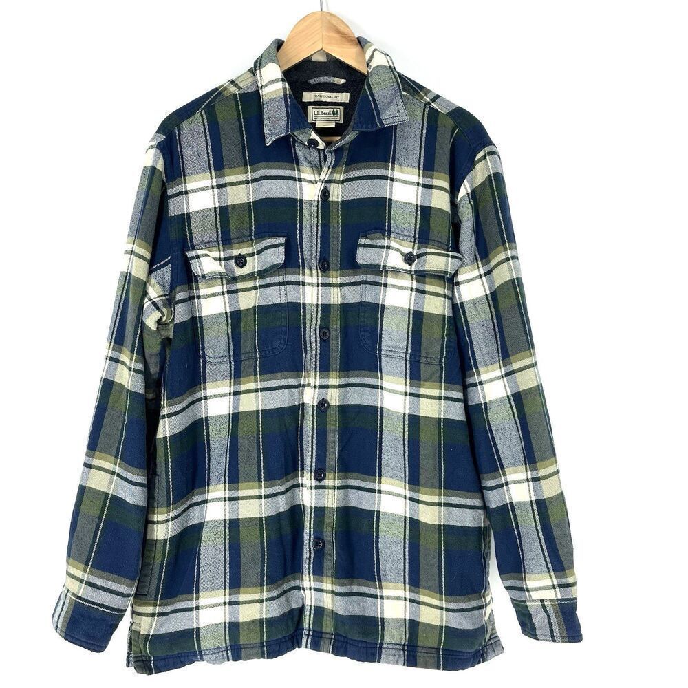 LL Bean Fleece Lined Flannel Jacket Size Medium Mens Navy Green Plaid Hiking